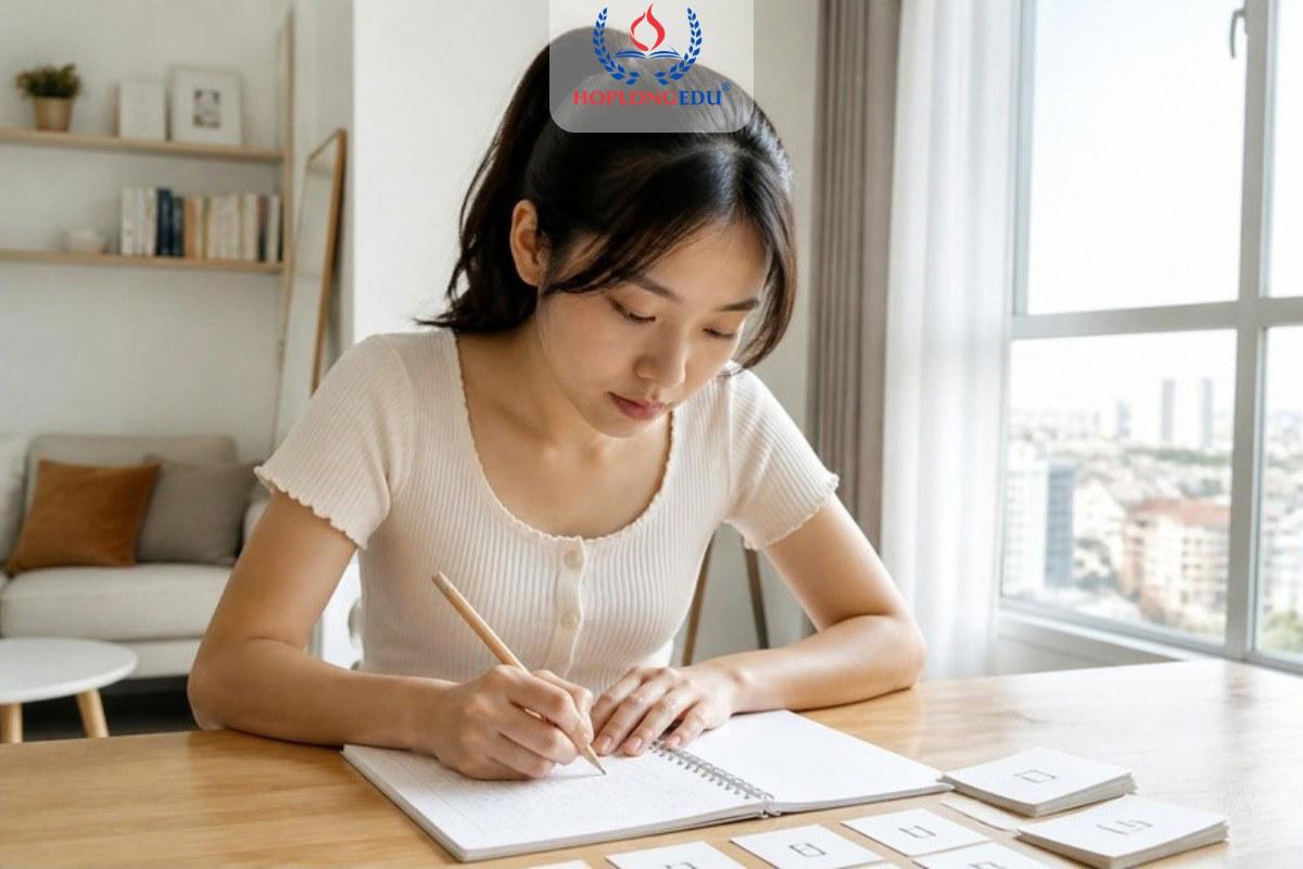 Bạn trẻ tập viết bảng chữ cái tiếng Hàn Hangul trên vở ô vuông