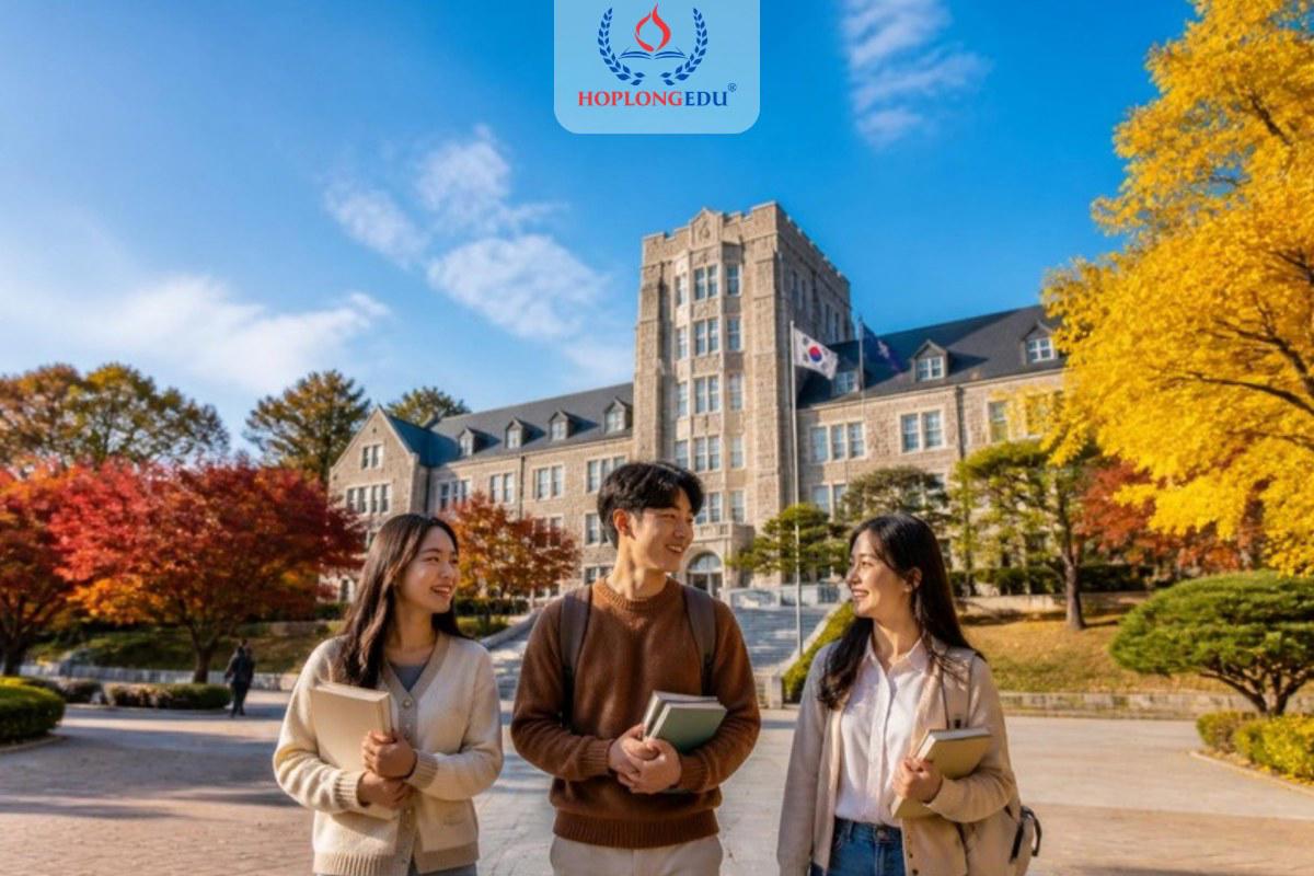 Du học sinh Việt Nam đi dạo trong khuôn viên đại học Hàn Quốc mùa thu