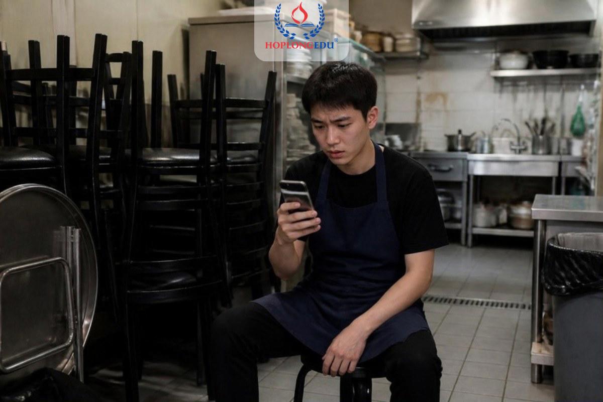 Du học sinh Việt Nam xem tài khoản ngân hàng trên điện thoại sau ca làm thêm ở quán ăn Hàn Quốc