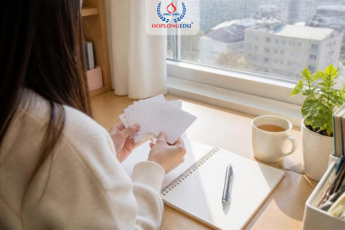Du học sinh ôn từ vựng tiếng Hàn bằng thẻ ghi nhớ bên bàn học cạnh cửa sổ