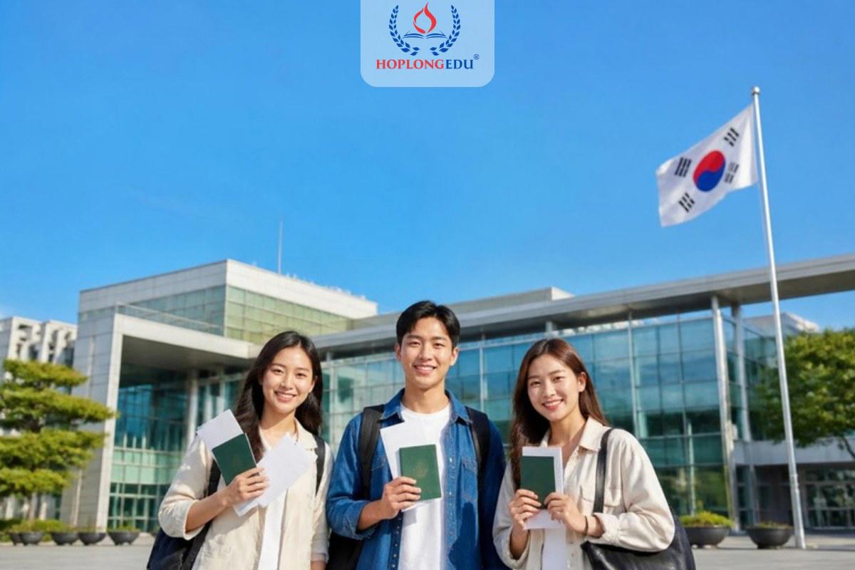 Du học sinh Việt Nam cầm hộ chiếu và hồ sơ trước tòa nhà cơ quan nhà nước Hàn Quốc