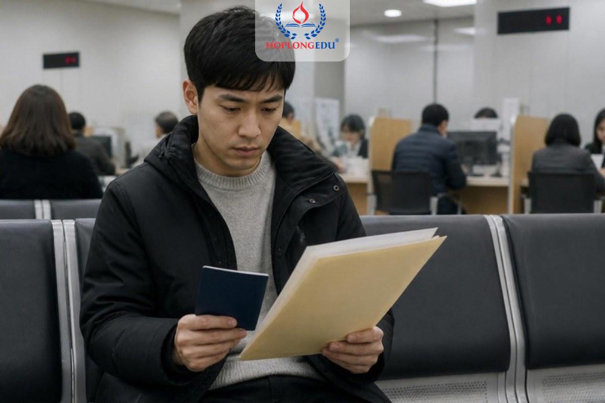Du học sinh Việt Nam cầm hộ chiếu và hồ sơ chờ ở văn phòng xuất nhập cảnh Hàn Quốc