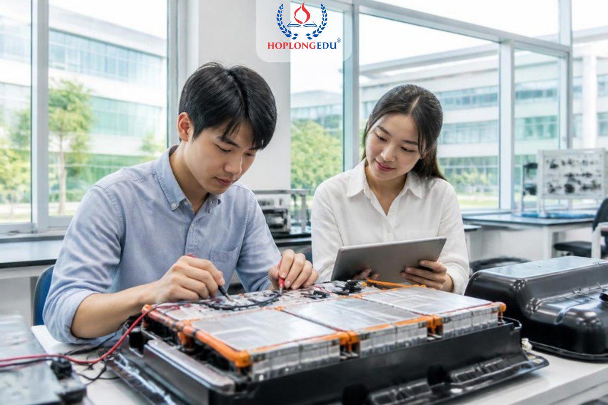 Hai du học sinh Việt Nam kiểm tra mô-đun pin xe điện trong phòng thí nghiệm một trường đại học Hàn Quốc