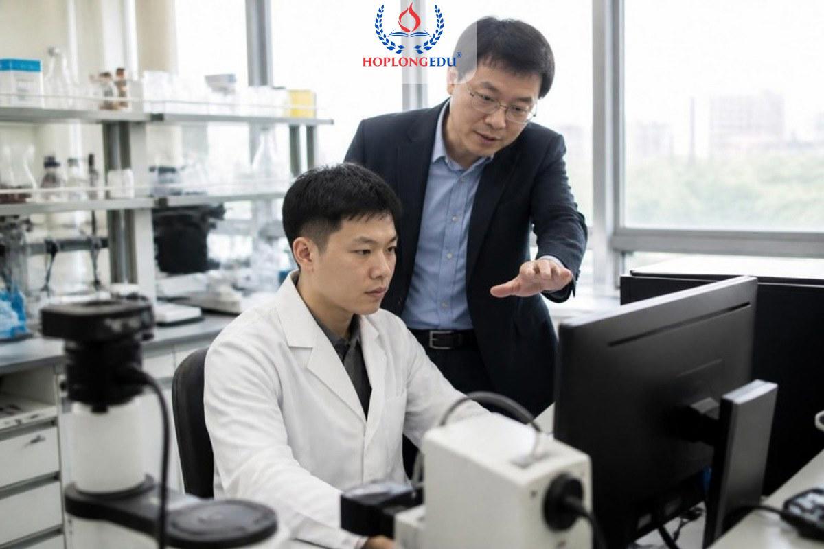 Học viên thạc sĩ người Việt trao đổi với giáo sư trong phòng nghiên cứu của một trường đại học Hàn Quốc