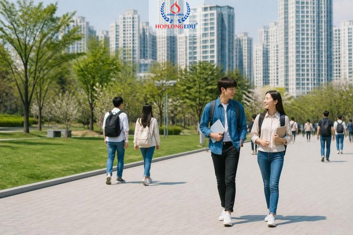 Sinh viên châu Á trong khuôn viên một trường đại học Hàn Quốc gần khu đô thị mới