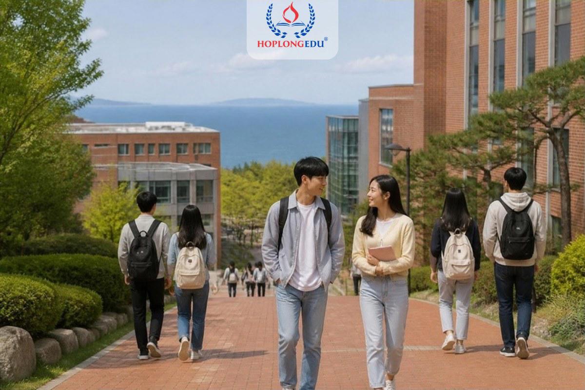 Sinh viên quốc tế đi bộ trong khuôn viên trường đại học ở Busan, Hàn Quốc
