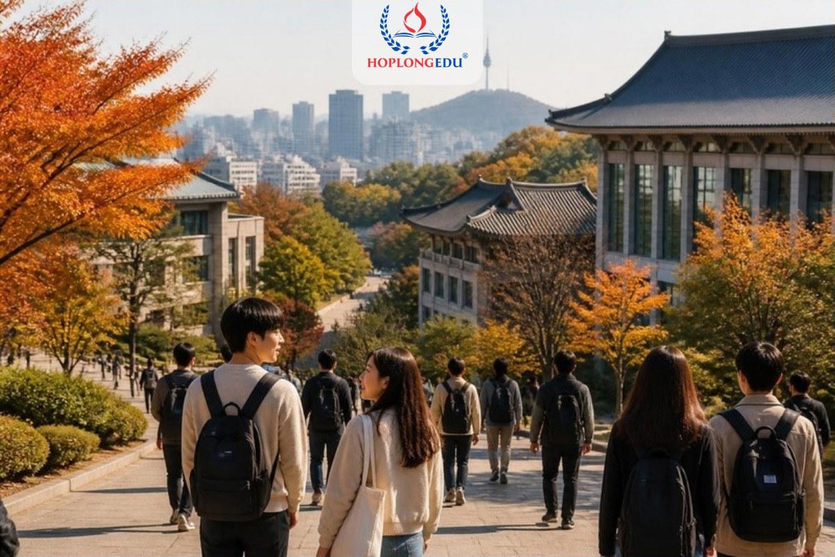 Sinh viên đi bộ trên con dốc trong khuôn viên một trường đại học ở trung tâm Seoul vào mùa thu