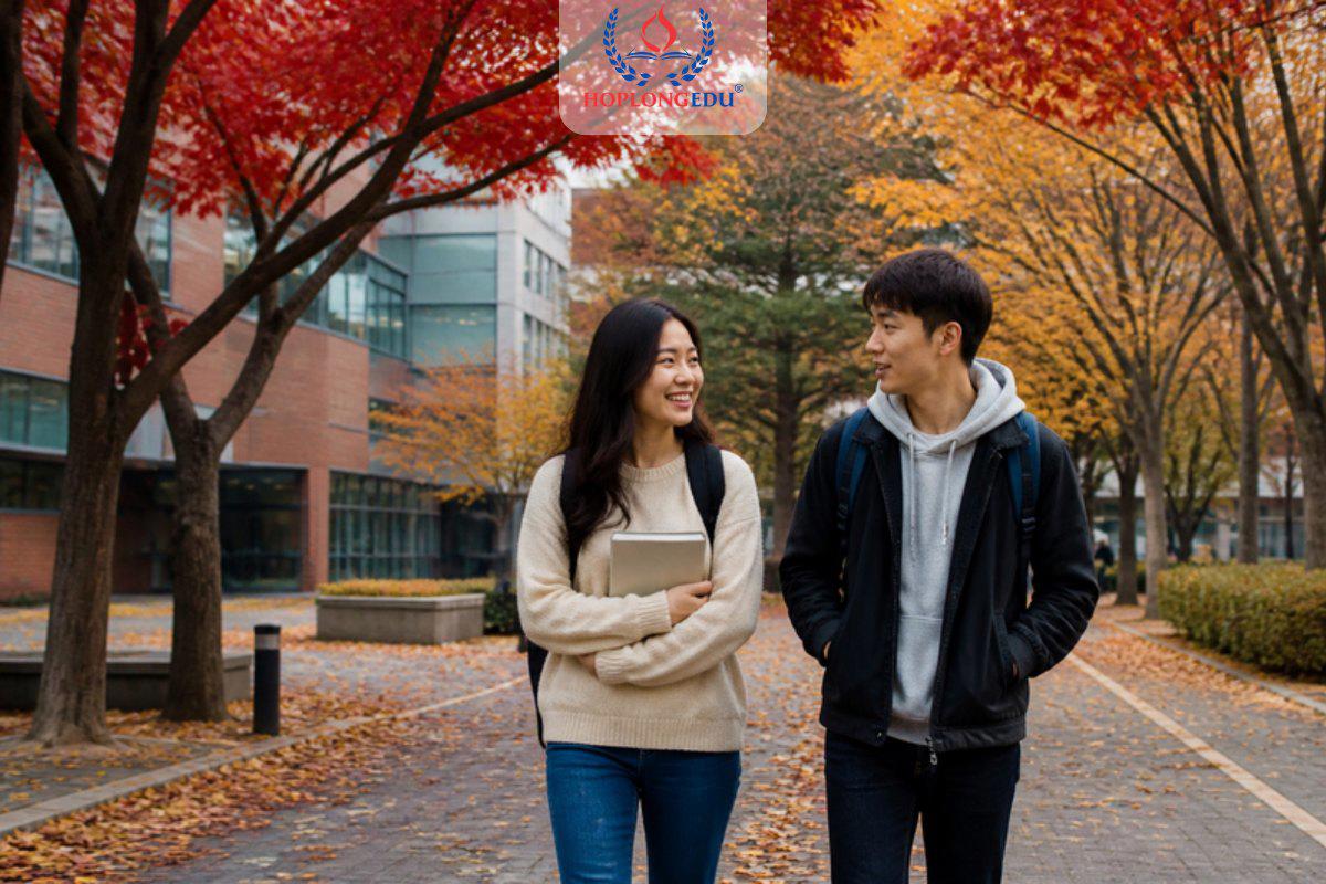 Hai du học sinh Việt Nam đi trên con đường mùa thu trong khuôn viên trường, ảnh minh họa cho bài Đại học Gwangju