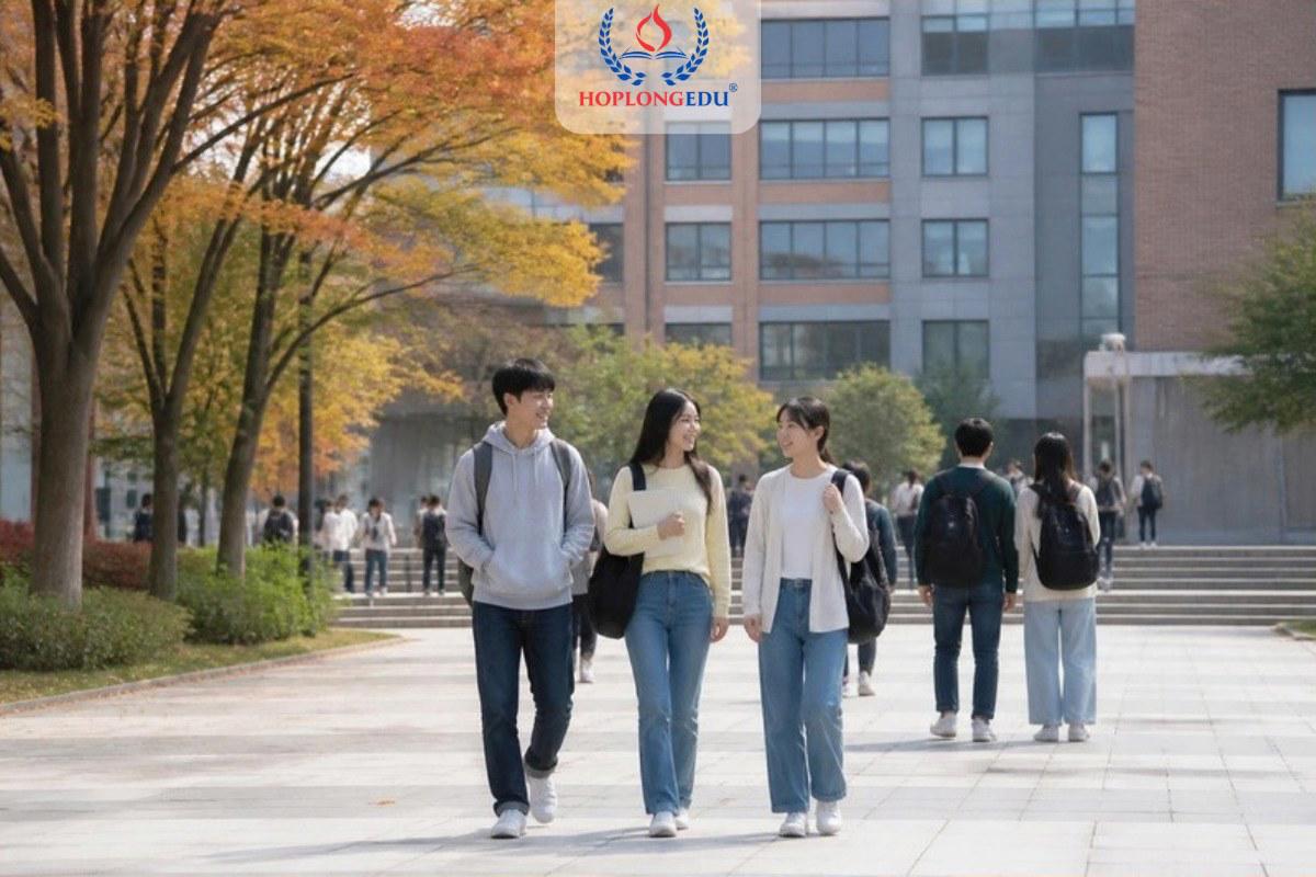 Sinh viên châu Á đi bộ trong khuôn viên một trường đại học Hàn Quốc vào đầu thu