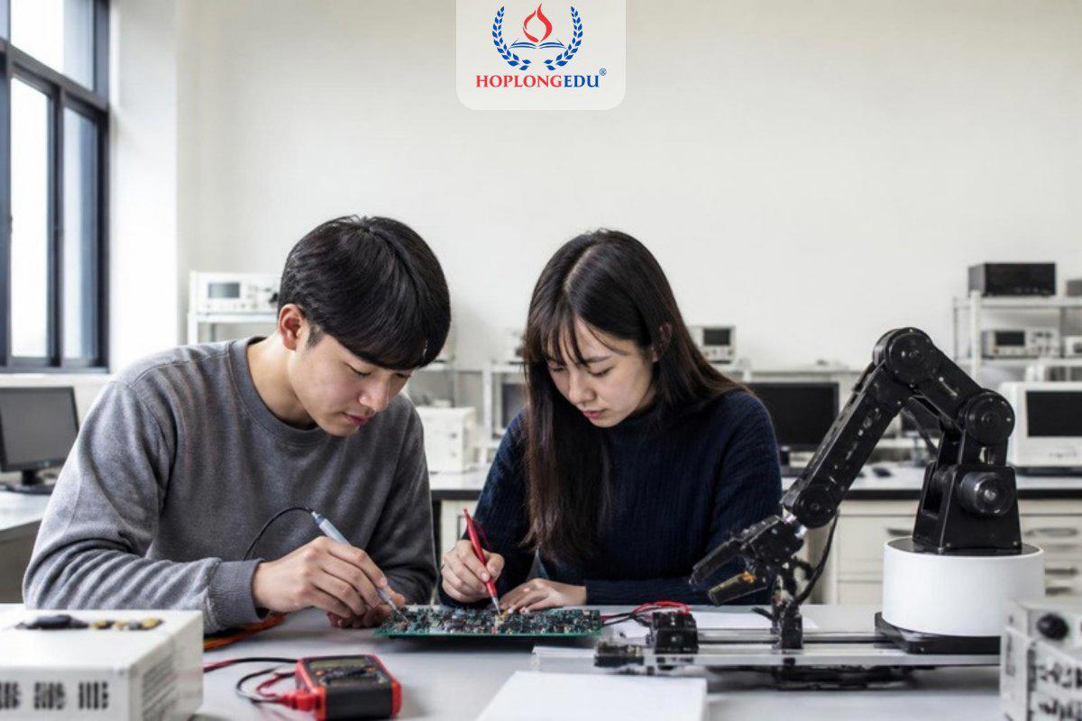 Hai sinh viên châu Á thực hành mạch điện tử bên cánh tay robot trong phòng thí nghiệm đại học ở Seoul