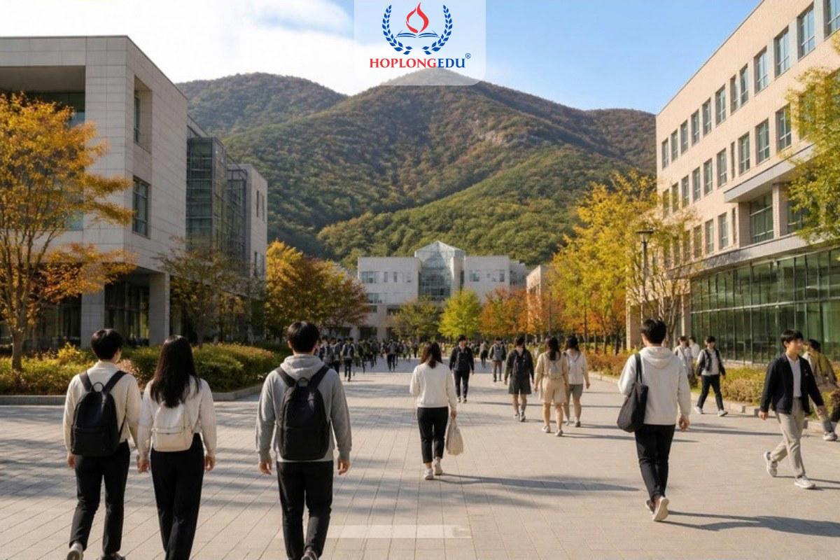 Sinh viên quốc tế đi bộ trong khuôn viên trường đại học dưới chân núi ở Suwon, Hàn Quốc