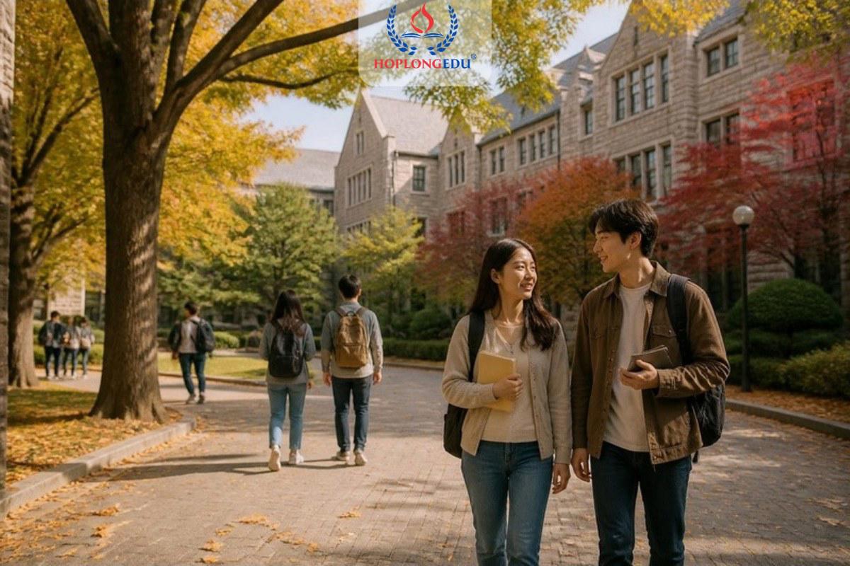 Sinh viên châu Á trong khuôn viên nhiều cây xanh của một trường đại học Hàn Quốc mùa thu