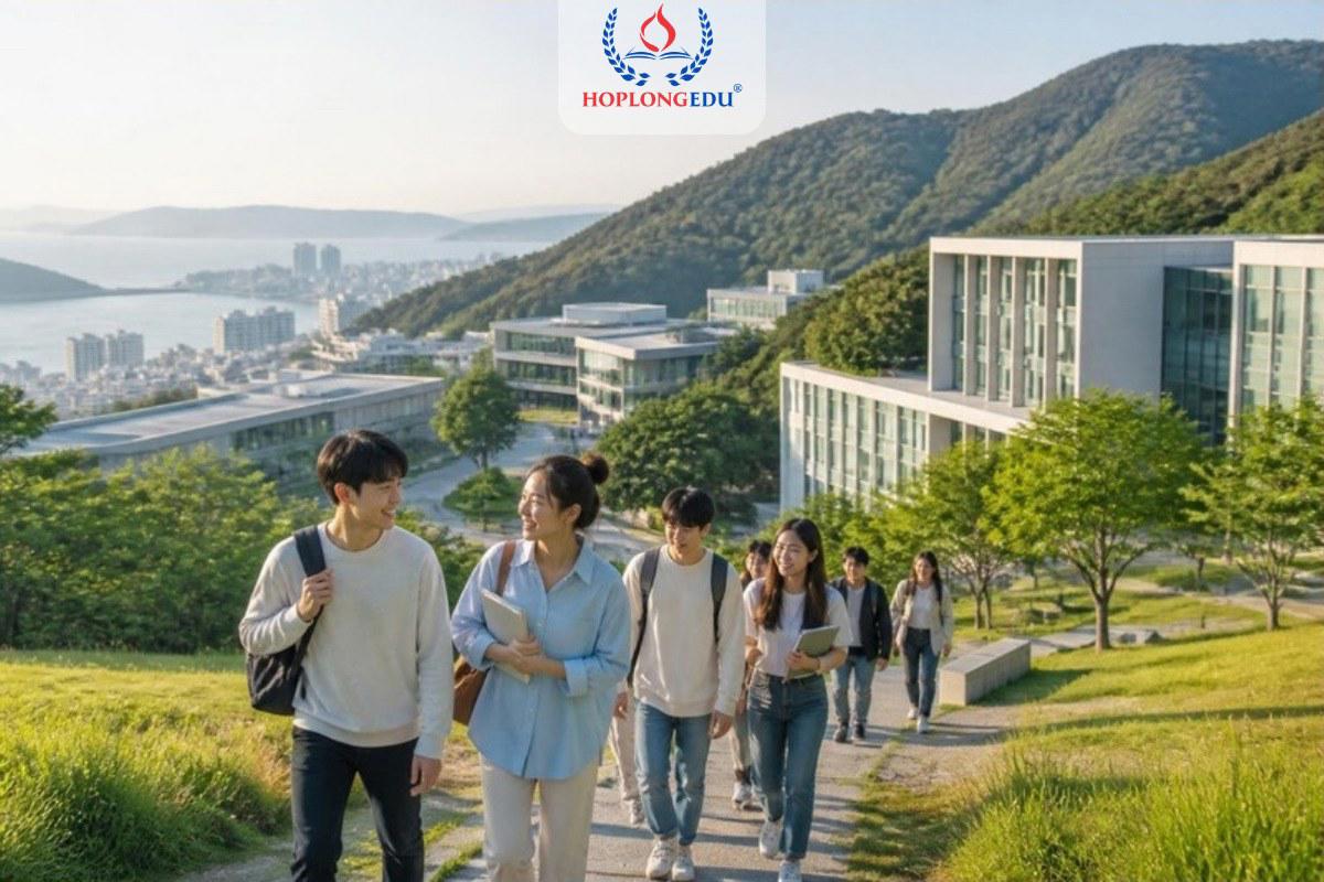 Sinh viên quốc tế đi bộ trong khuôn viên một trường đại học trên sườn núi ở Busan, Hàn Quốc