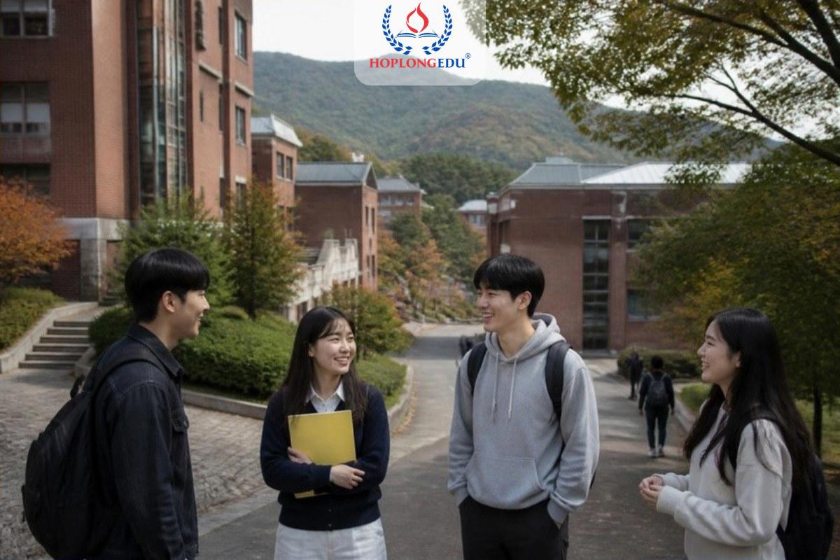 Sinh viên châu Á trò chuyện trong khuôn viên một trường đại học Hàn Quốc có các toà nhà gạch đỏ