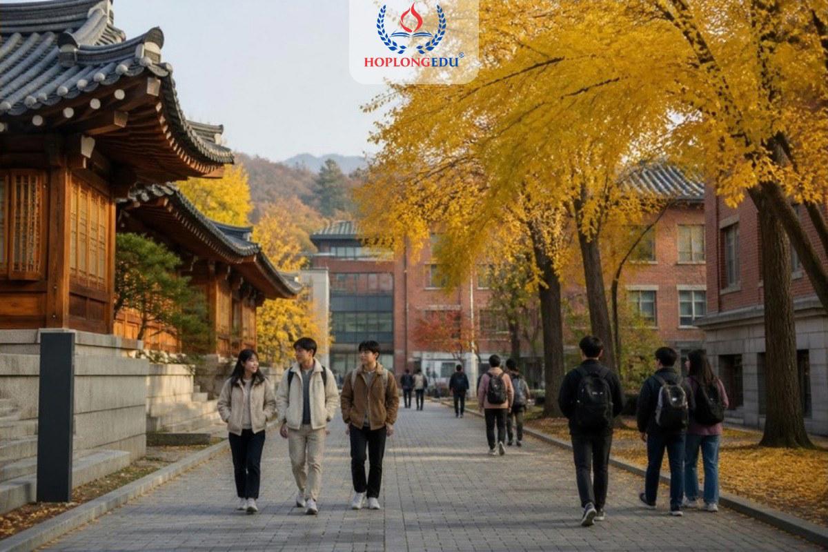 Sinh viên châu Á trong khuôn viên một trường đại học Hàn Quốc có hàng cây ngân hạnh mùa thu
