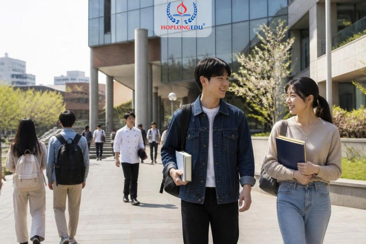 Sinh viên quốc tế đi dạo dưới hàng cây xanh trong khuôn viên Đại học Woosong