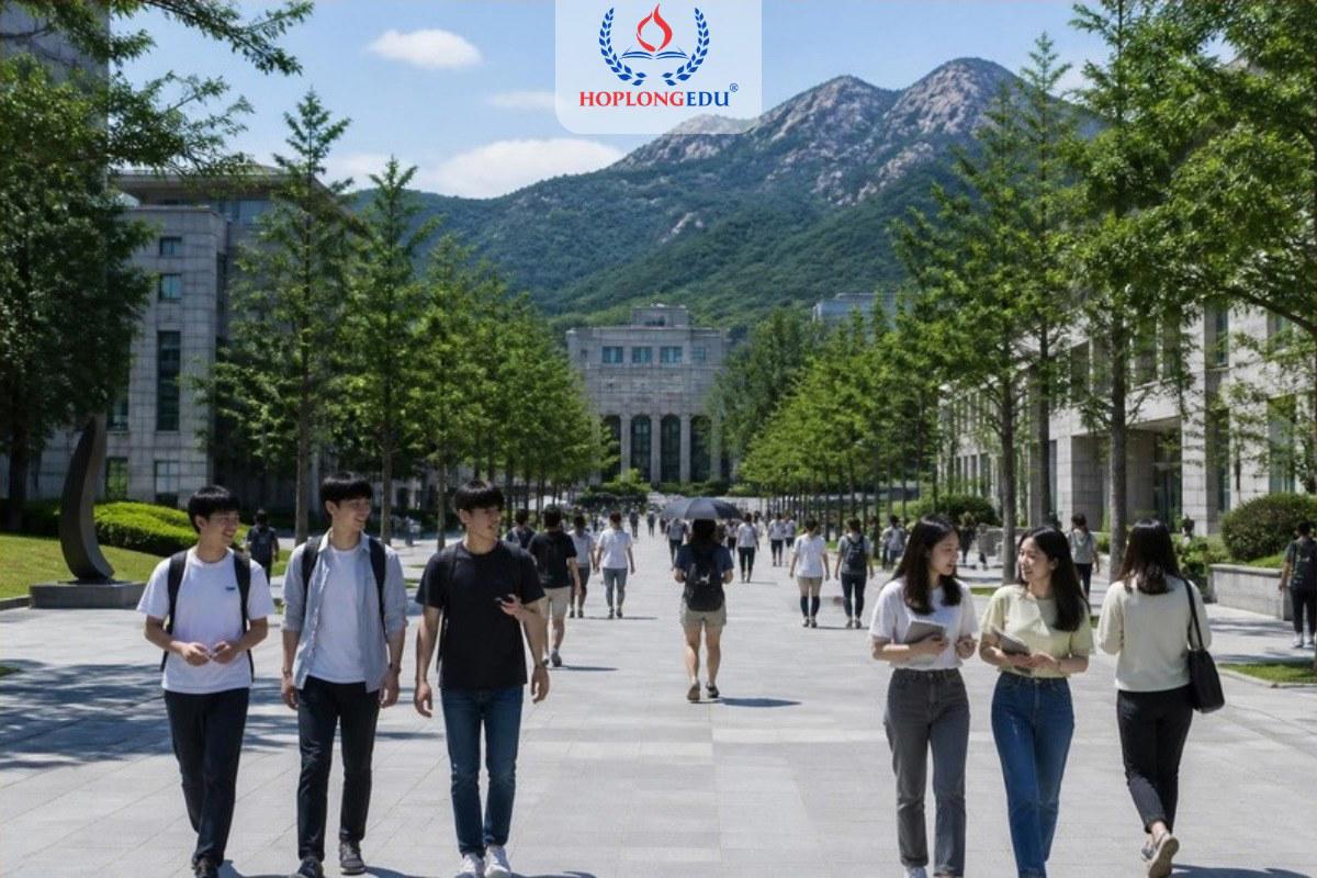 Sinh viên quốc tế đi bộ trên đại lộ cây xanh trong khuôn viên trường đại học ở Gyeongsan, Hàn Quốc