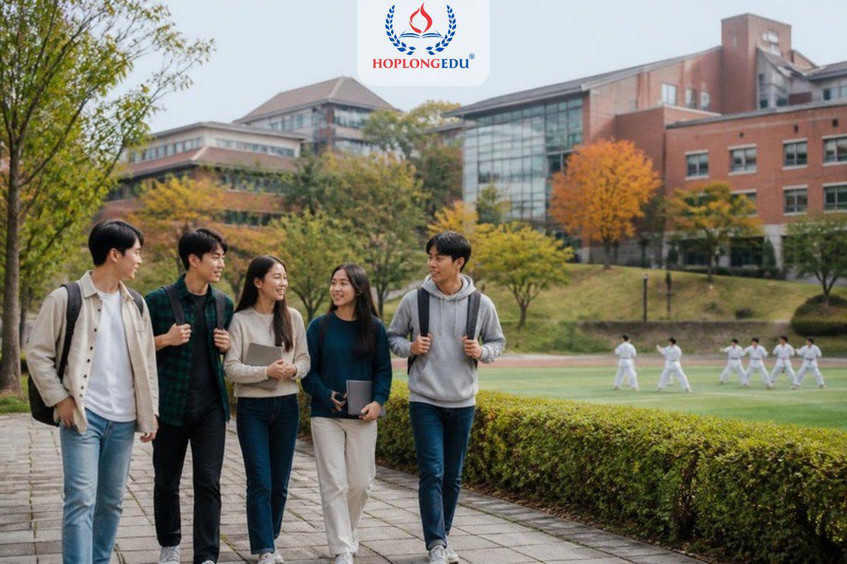 Sinh viên châu Á đi dạo trong khuôn viên một trường đại học ở Gyeonggi, phía xa có lớp tập võ trên sân cỏ