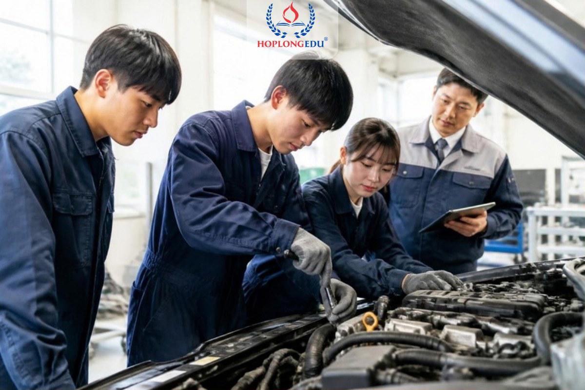 Sinh viên cao đẳng thực hành sửa động cơ ô tô trong xưởng của một trường cao đẳng ở Hàn Quốc