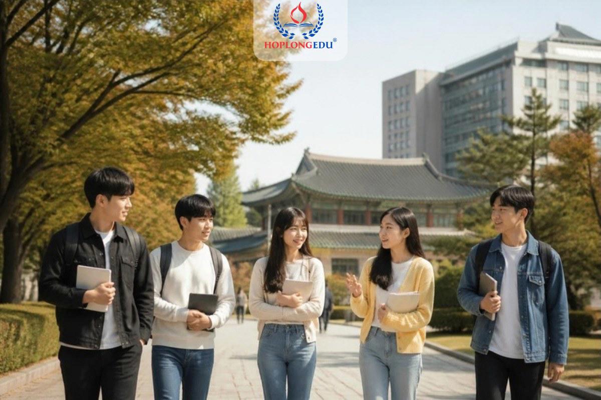 Nhóm sinh viên châu Á đi dạo trong khuôn viên một trường đại học Hàn Quốc vào mùa thu