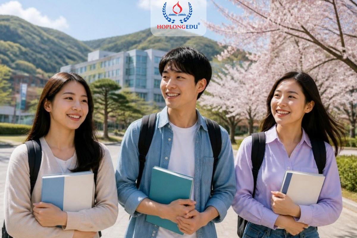 Ba du học sinh Việt Nam cầm giáo trình tiếng Hàn trong khuôn viên trường mùa hoa anh đào