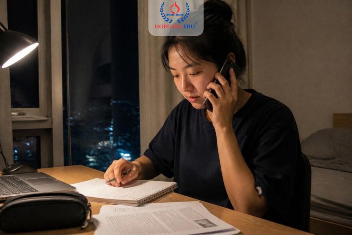 Du học sinh Việt Nam gọi tổng đài hỗ trợ trong phòng trọ ở Seoul, trước mặt là giấy tờ và sổ ghi chép