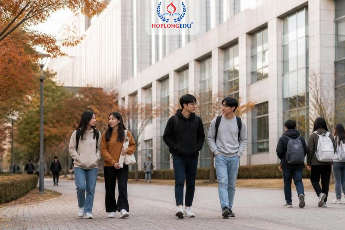 Du học sinh Việt Nam đi trong khuôn viên trường đại học ở Seoul mùa thu