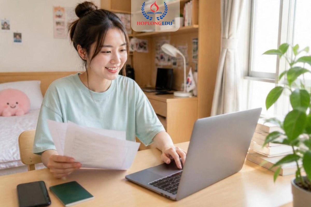 Du học sinh Việt Nam ngồi bên laptop, chuẩn bị giấy tờ xin giấy phép làm thêm ở Hàn Quốc