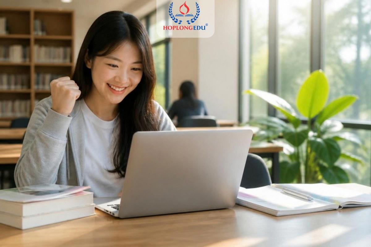 Nữ du học sinh Việt Nam vui vẻ xem điểm học kỳ trên laptop trong thư viện trường đại học Hàn Quốc