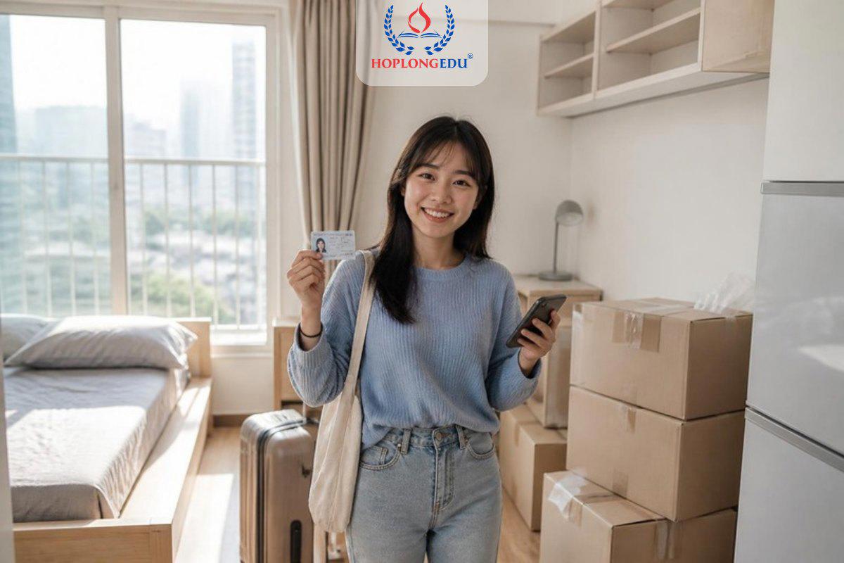 Du học sinh Việt Nam cầm thẻ người nước ngoài và điện thoại trong phòng trọ mới ở Hàn Quốc, xung quanh là thùng đồ chuyển nhà