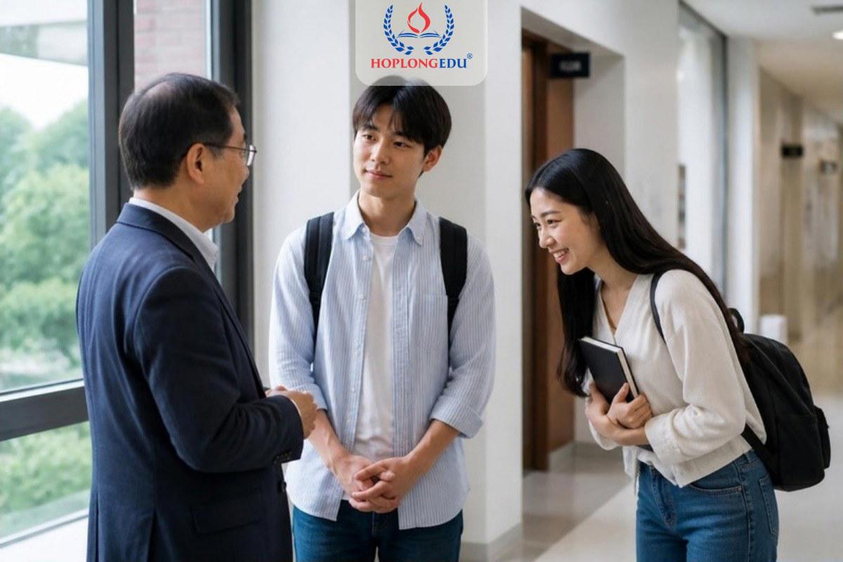 Du học sinh cúi chào và nói chuyện với giáo sư ở hành lang trường đại học Hàn Quốc