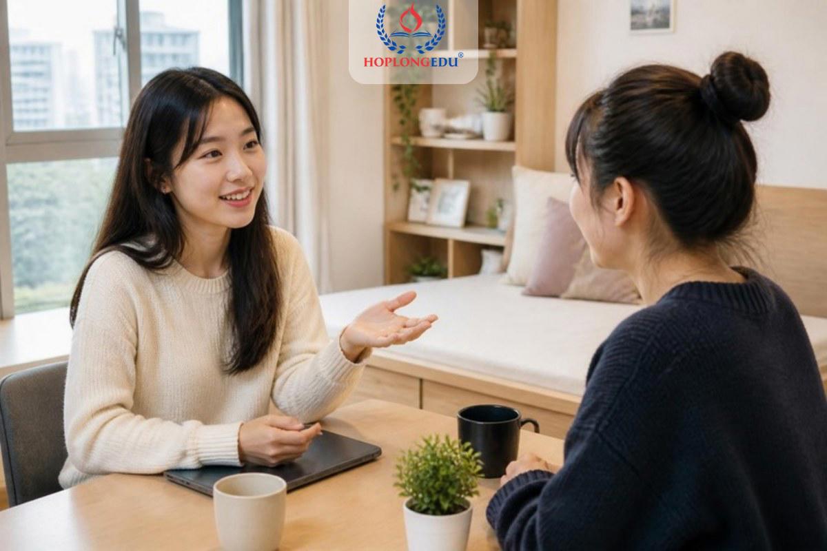 Du học sinh Việt nói chuyện nhẹ nhàng với bạn cùng phòng người Hàn trong phòng sinh hoạt chung ký túc xá