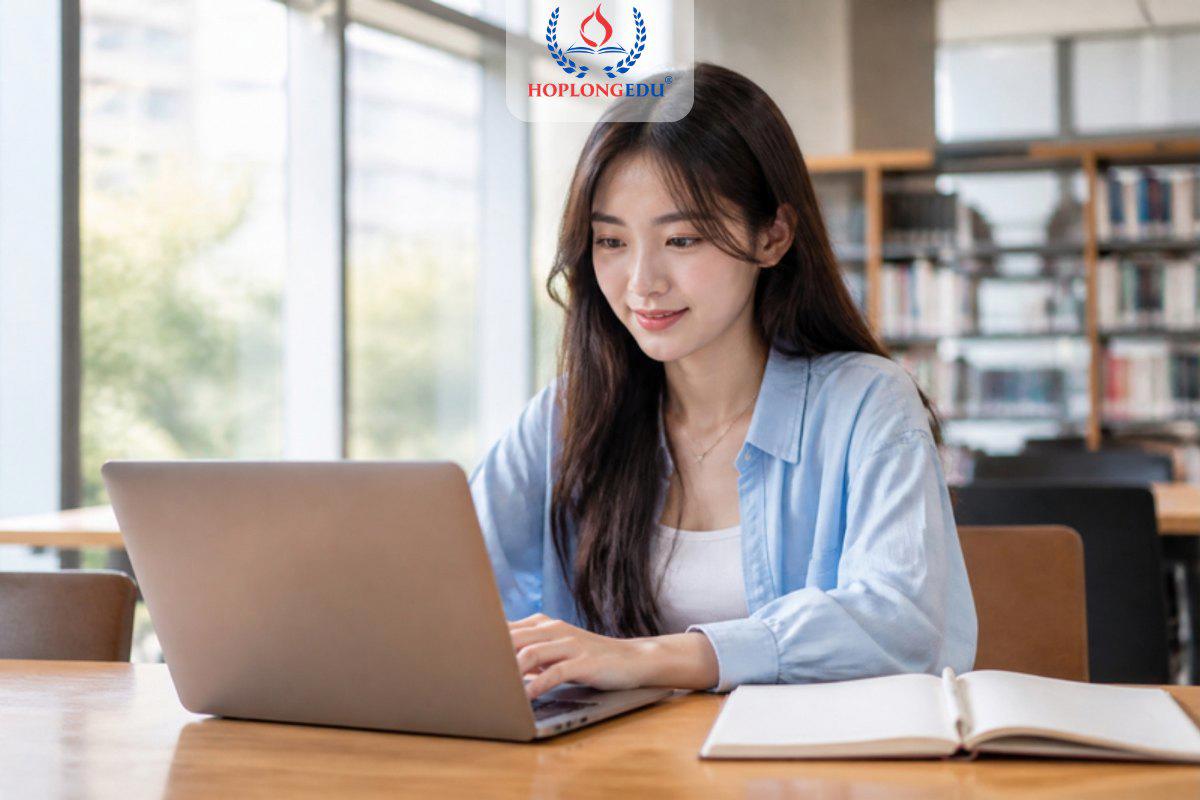 Du học sinh Việt ngồi trong thư viện trường đại học Hàn Quốc soạn email gửi giáo sư