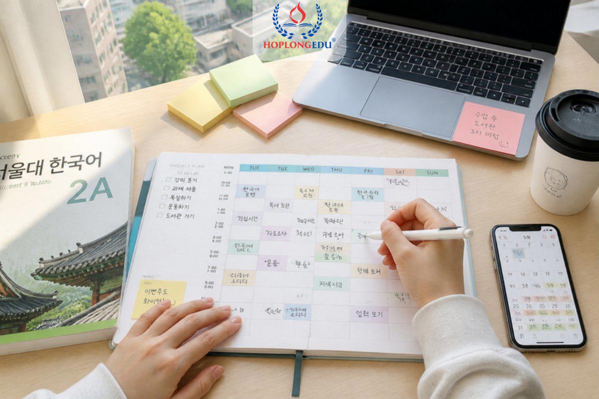 Du học sinh Việt ở Hàn Quốc lập thời gian biểu tuần trên bàn học, bên cạnh giáo trình tiếng Hàn và điện thoại