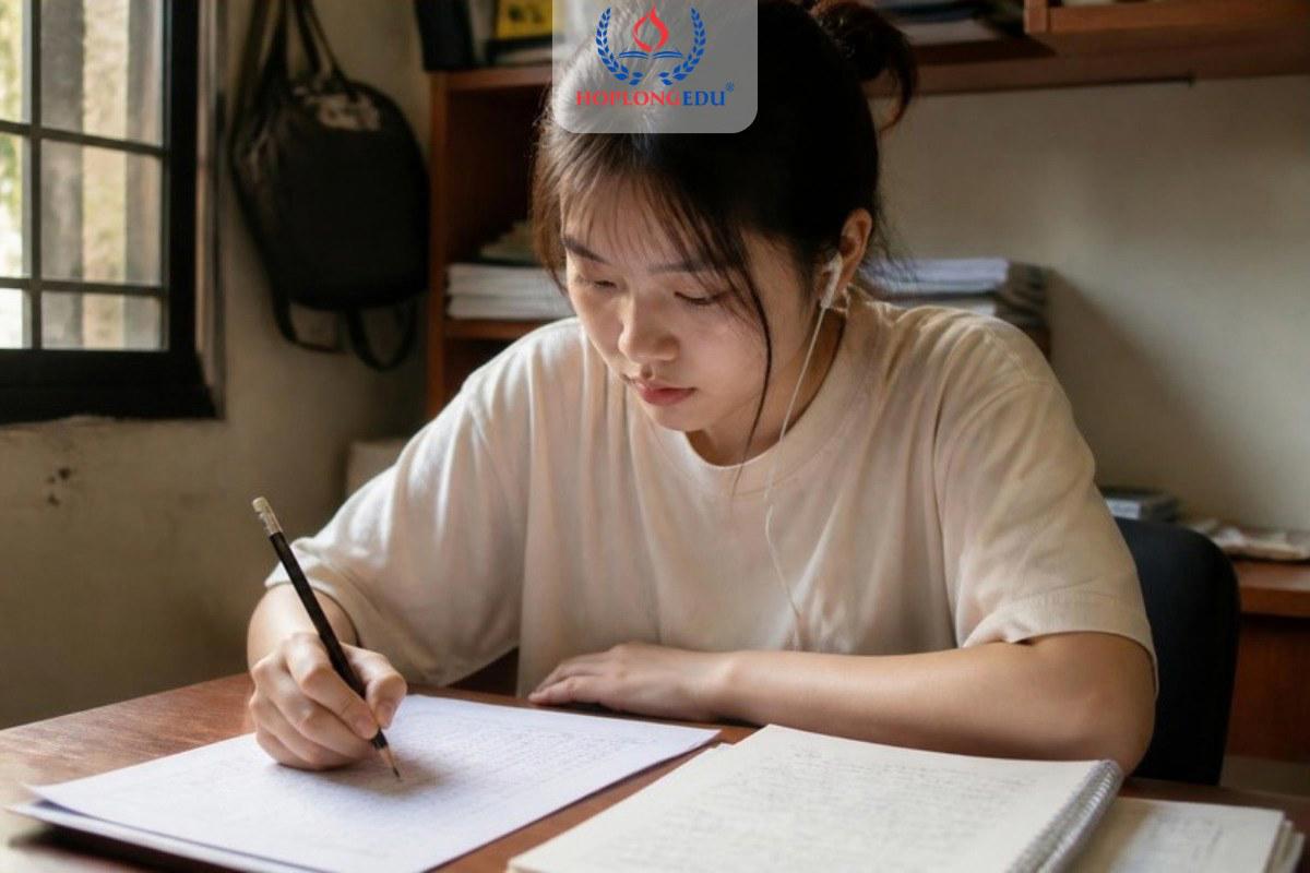 Bạn nữ đeo tai nghe làm bài luyện nghe TOPIK I bên bàn học, trước mặt là phiếu trả lời và bút chì