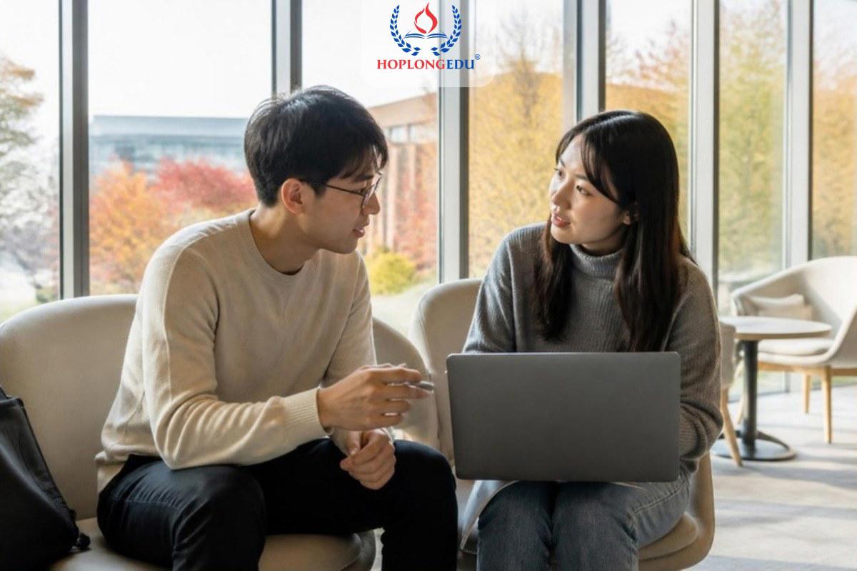 Hai học viên cao học người Việt trao đổi bài trong phòng tự học của một trường đại học ở Cheonan, Hàn Quốc