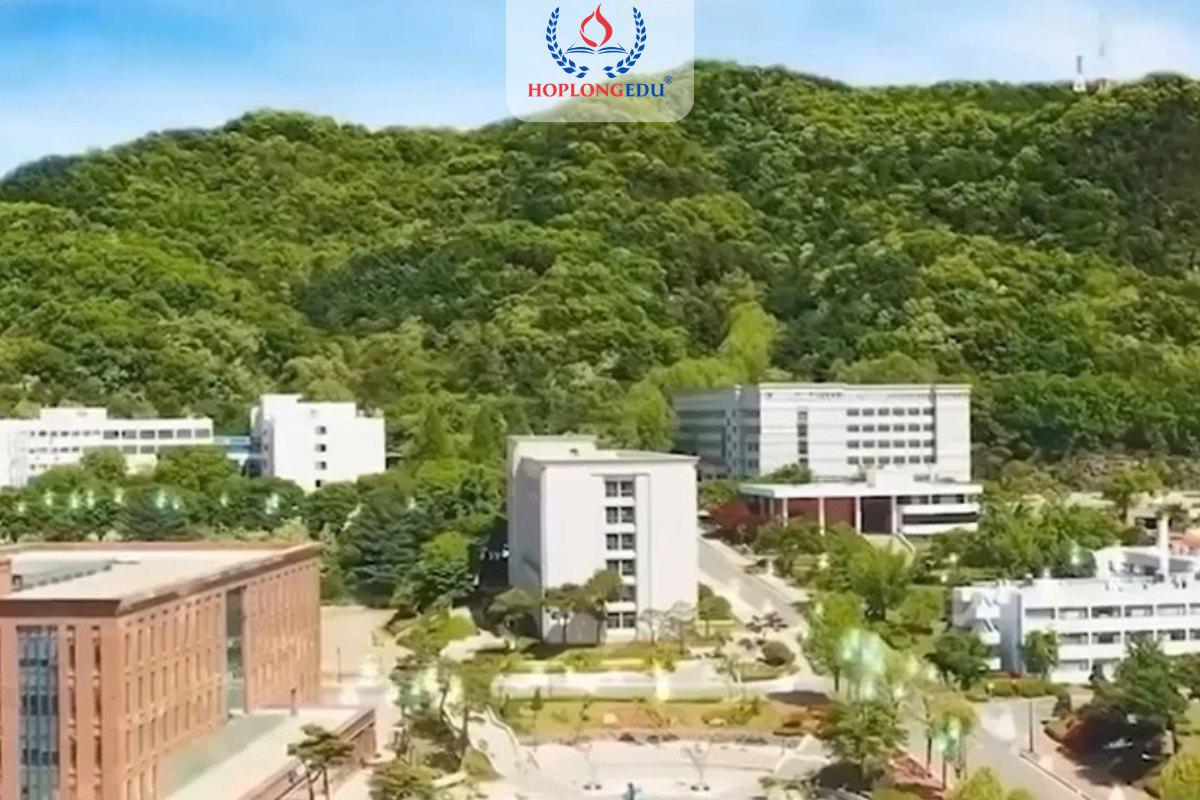 Khuôn viên Đại học Cheongju tựa vào đồi xanh nhìn từ trên cao