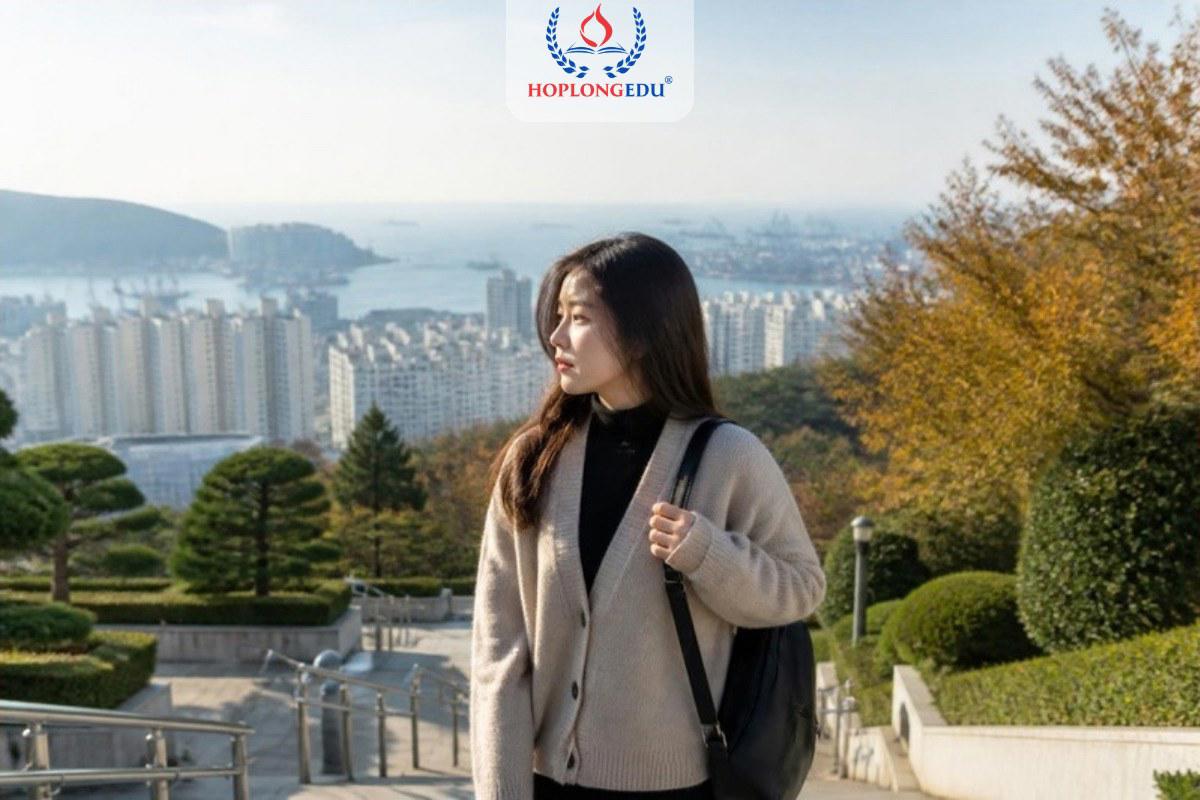 Học viên thạc sĩ người Việt đứng trong khuôn viên trường đại học trên sườn đồi ở Busan