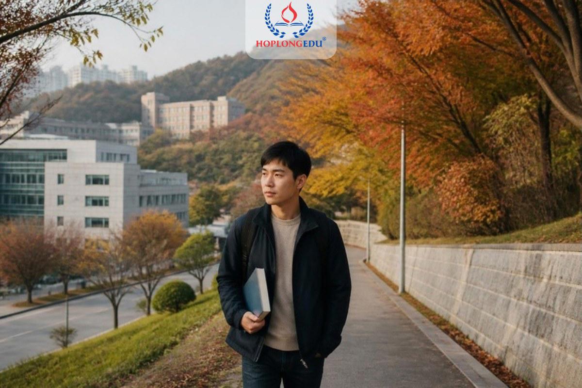 Học viên thạc sĩ người Việt đi bộ trong khuôn viên một trường đại học ở tỉnh Gyeonggi, Hàn Quốc