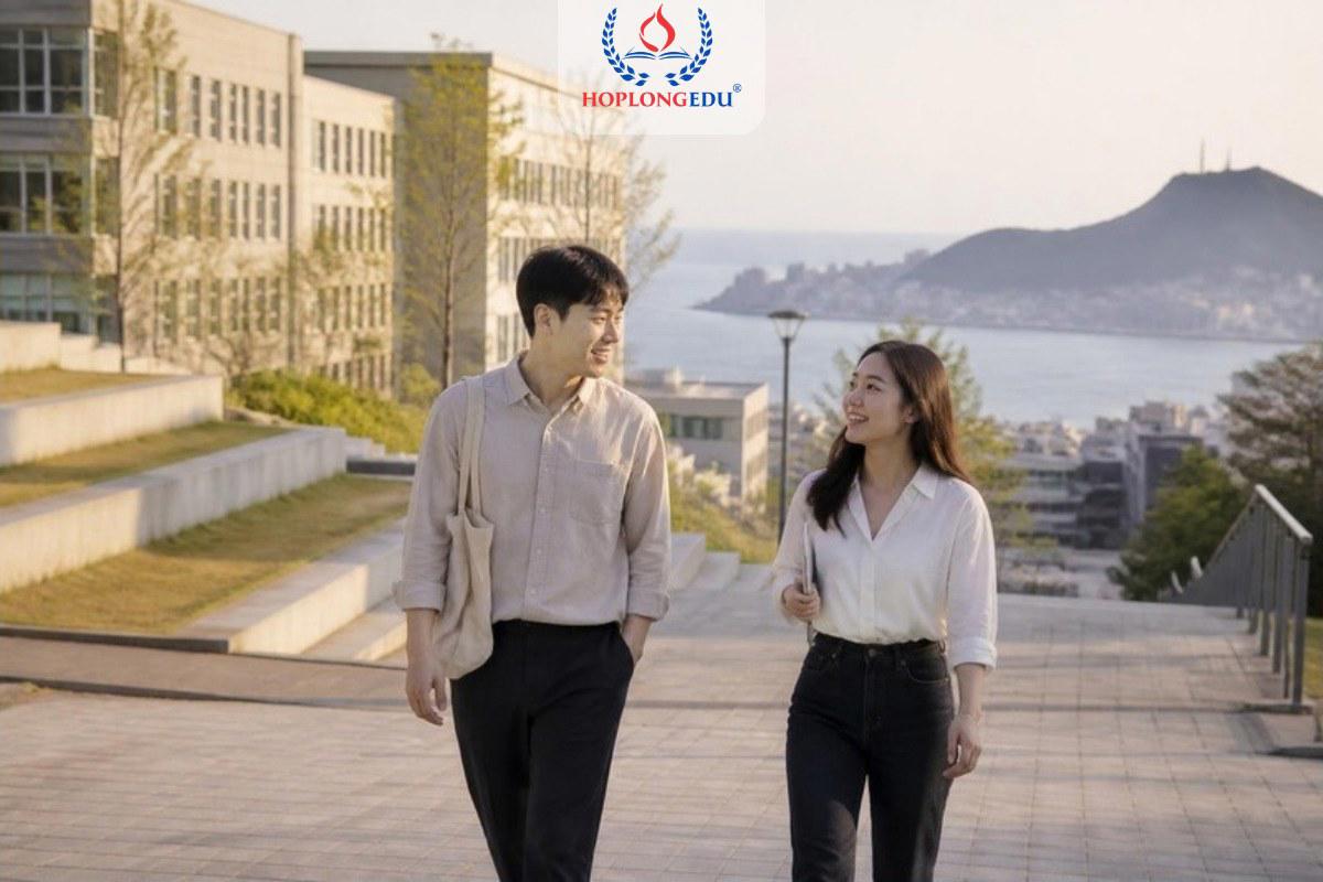 Hai học viên thạc sĩ người Việt trò chuyện trong khuôn viên một trường đại học ở Busan