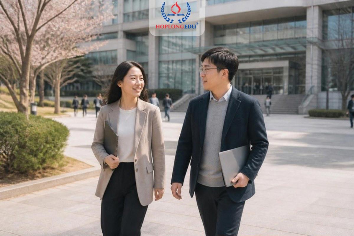Hai học viên thạc sĩ người Việt khoảng 30 tuổi đi trong khuôn viên một trường đại học Hàn Quốc