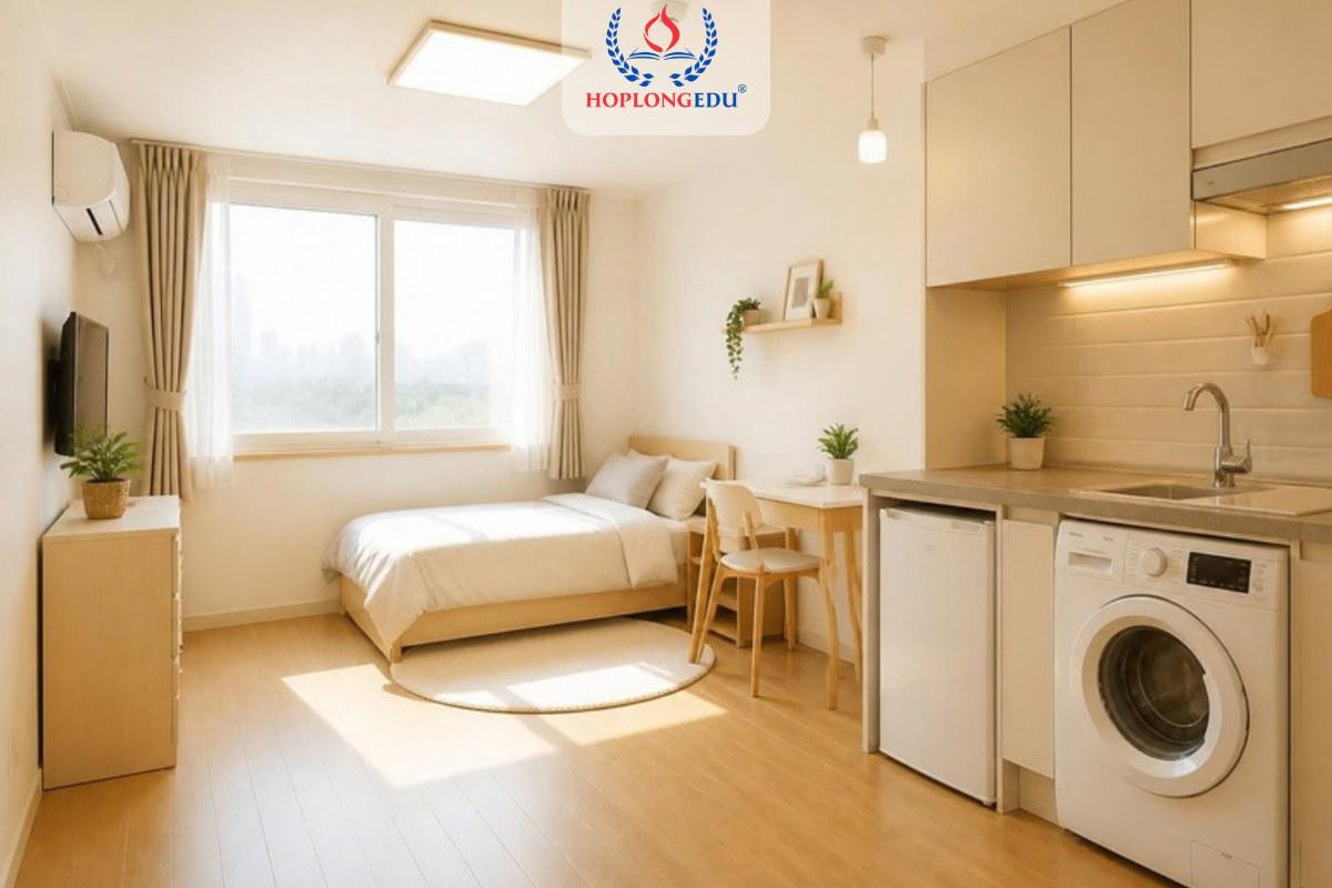 Phòng one-room sáng sủa của du học sinh ở Hàn Quốc với giường, bếp nhỏ, tủ lạnh và máy giặt