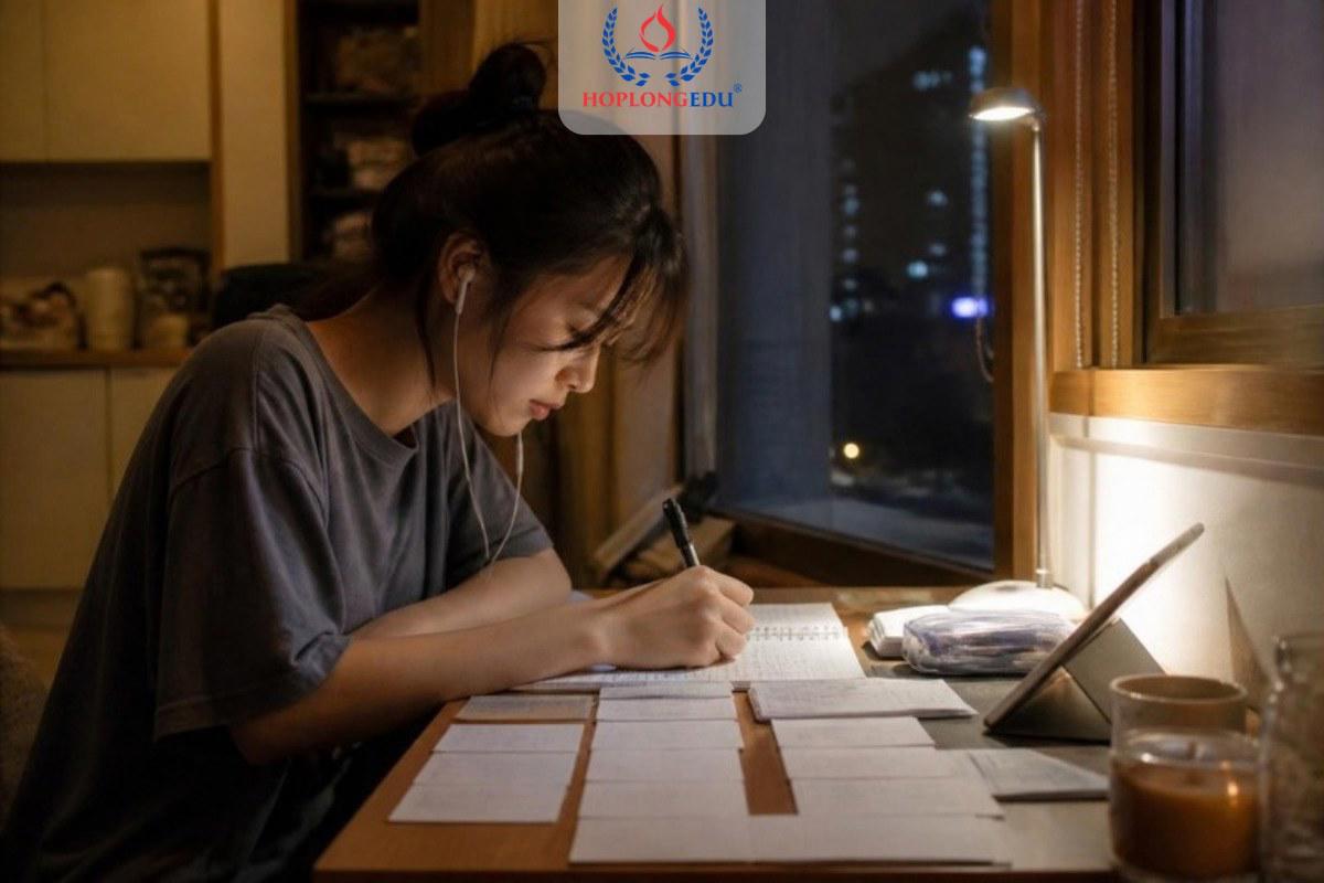Bạn trẻ Việt Nam tự học tiếng Hàn bên bàn học buổi tối, trên bàn là giấy luyện viết chữ và thẻ từ vựng