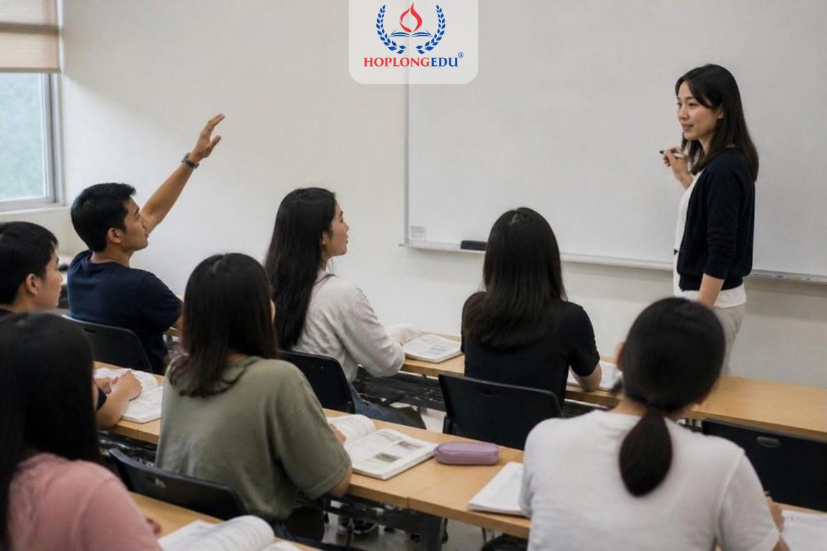 Lớp tiếng Hàn tại viện ngôn ngữ của một trường đại học Hàn Quốc, du học sinh giơ tay hỏi bài