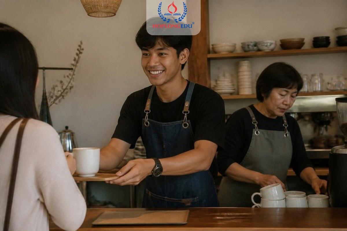 Du học sinh Việt Nam làm thêm tại quầy một quán cà phê ở Hàn Quốc, chào khách khi bắt đầu ca
