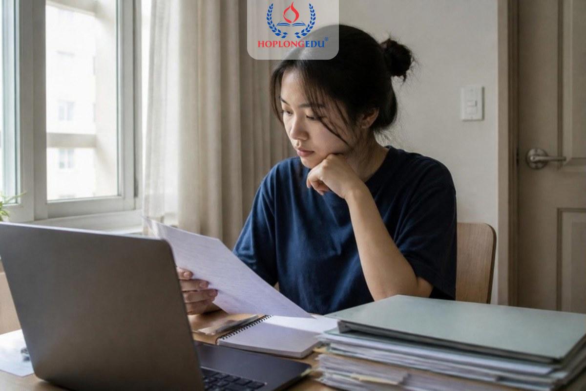 Nữ sinh ngồi đọc lại thư từ chối visa bên chồng hồ sơ du học Hàn Quốc