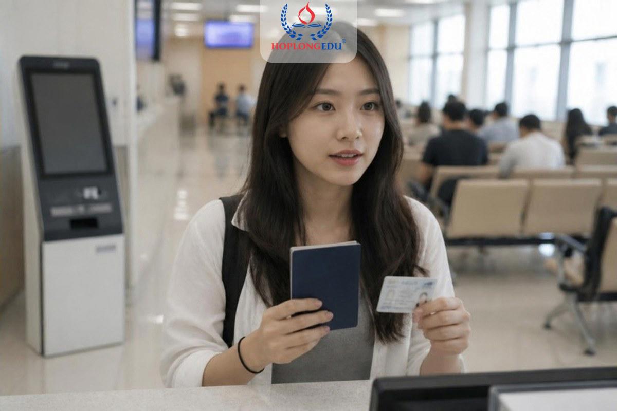 Du học sinh cầm hộ chiếu và thẻ người nước ngoài chờ làm thủ tục gia hạn tại văn phòng xuất nhập cảnh ở Hàn Quốc