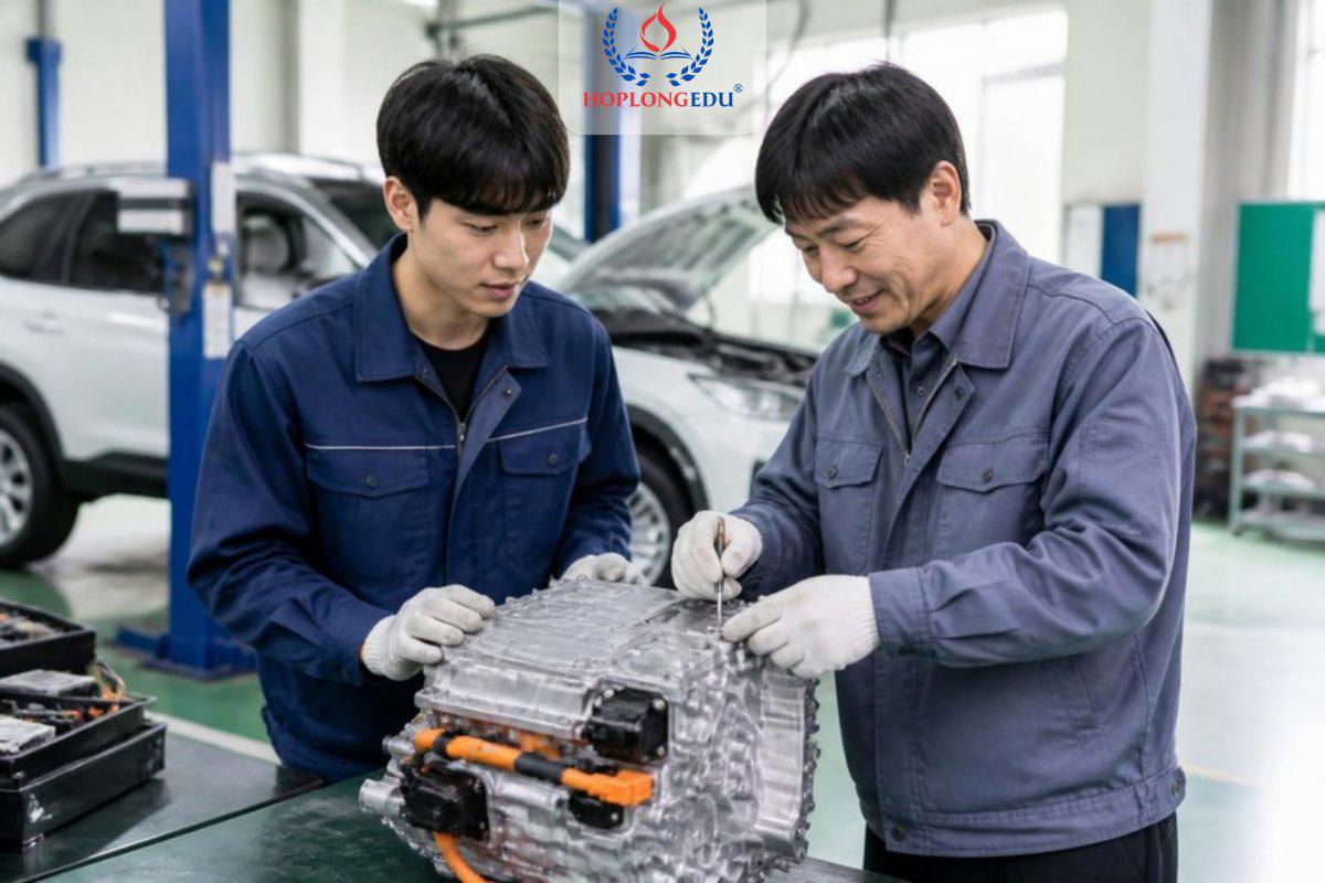 Du học sinh Việt Nam hệ cao đẳng thực hành trong xưởng kỹ thuật ô tô của một trường ở Hàn Quốc