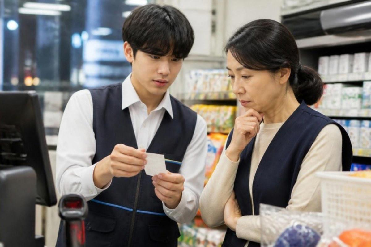 Sinh viên làm thêm ở cửa hàng tiện lợi Hàn Quốc đưa hóa đơn cho quản lý để báo tính tiền nhầm