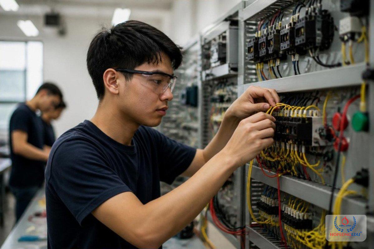 Sinh vi&ecirc;n cao đẳng đeo k&iacute;nh bảo hộ đấu nối bảng điện thực h&agrave;nh